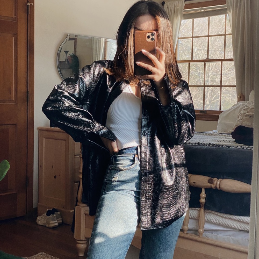 Zara Croc Leather Black Shirt Jacket